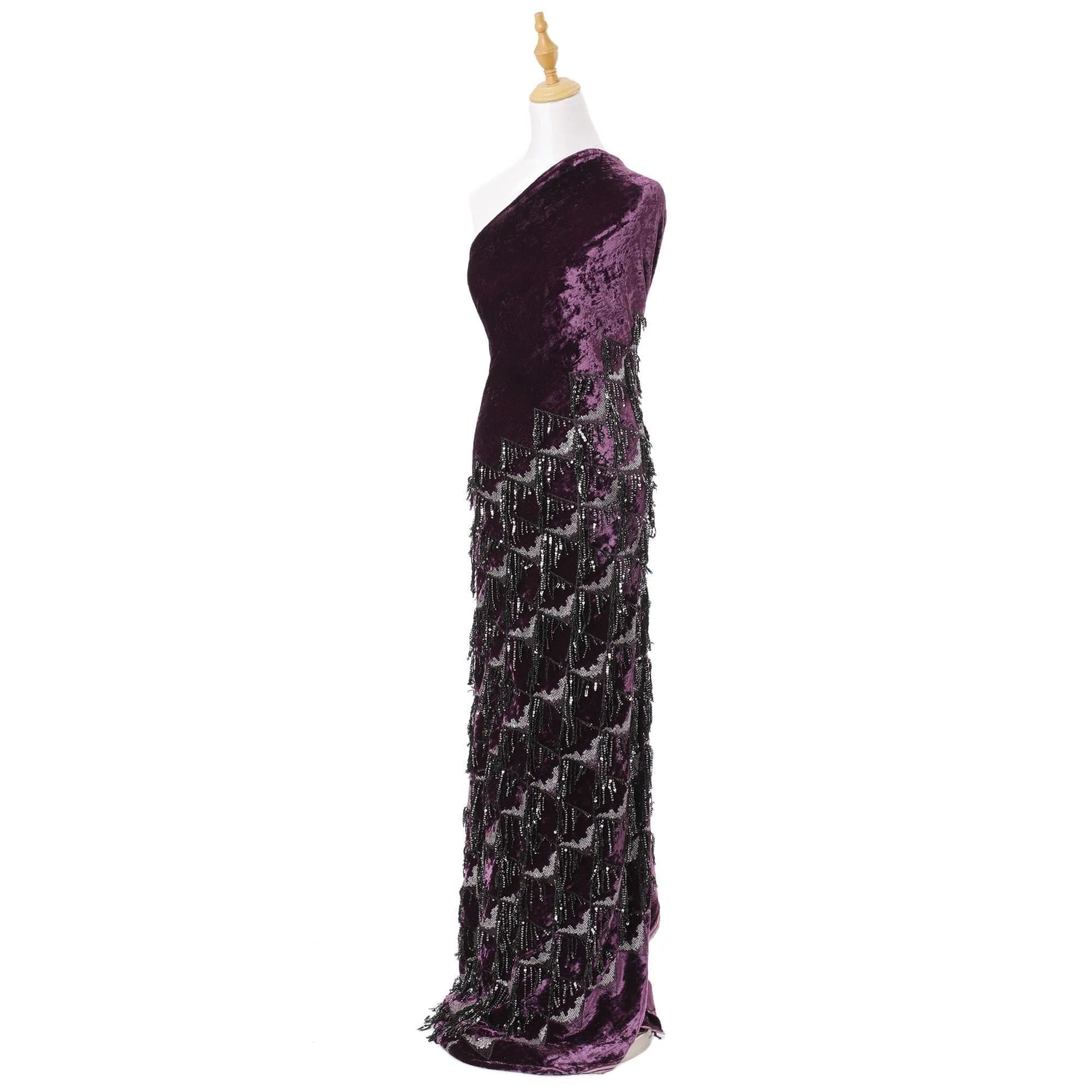 Plum purple silk blended velvet fabric with black embroidery having black and silver sequins in fancy design-D6090