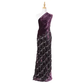 Plum purple silk blended velvet fabric with black embroidery having black and silver sequins in fancy design-D6090