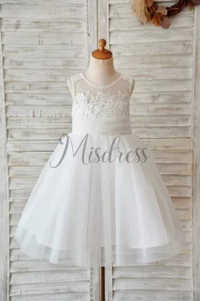 Princess Ivory Lace Tulle Keyhole Back Wedding Flower Girl Dress