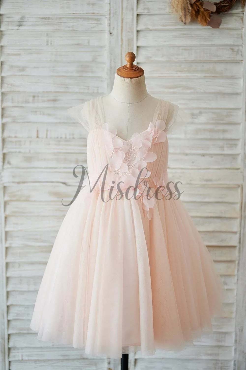 Princess Straps Blush Pink Lace Tulle Wedding Flower Girl Dress, Beading