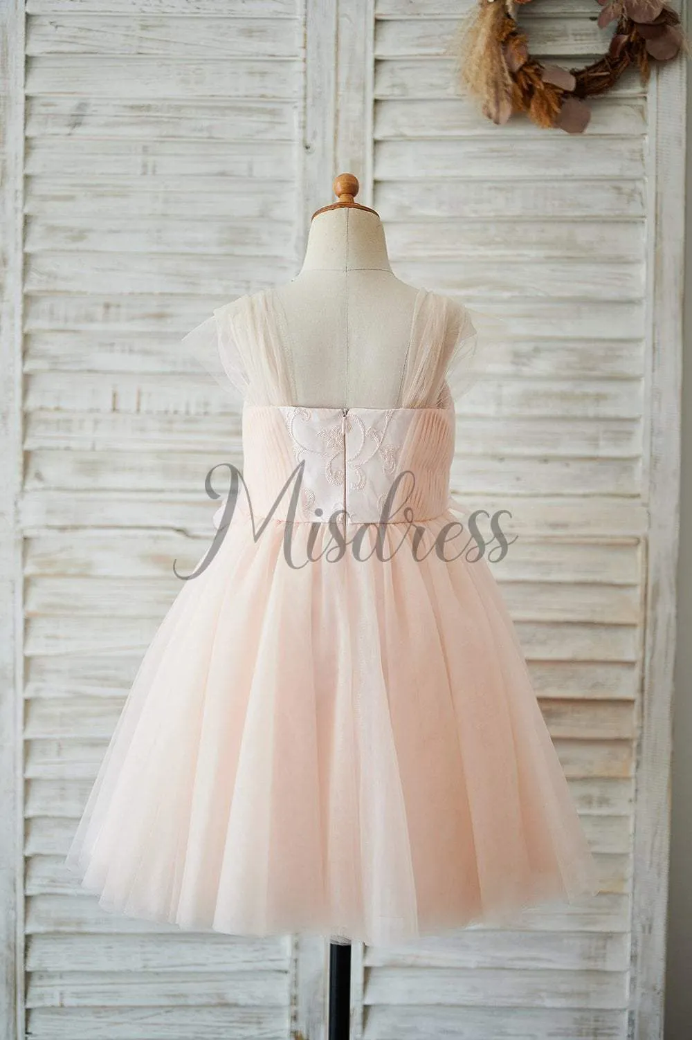 Princess Straps Blush Pink Lace Tulle Wedding Flower Girl Dress, Beading