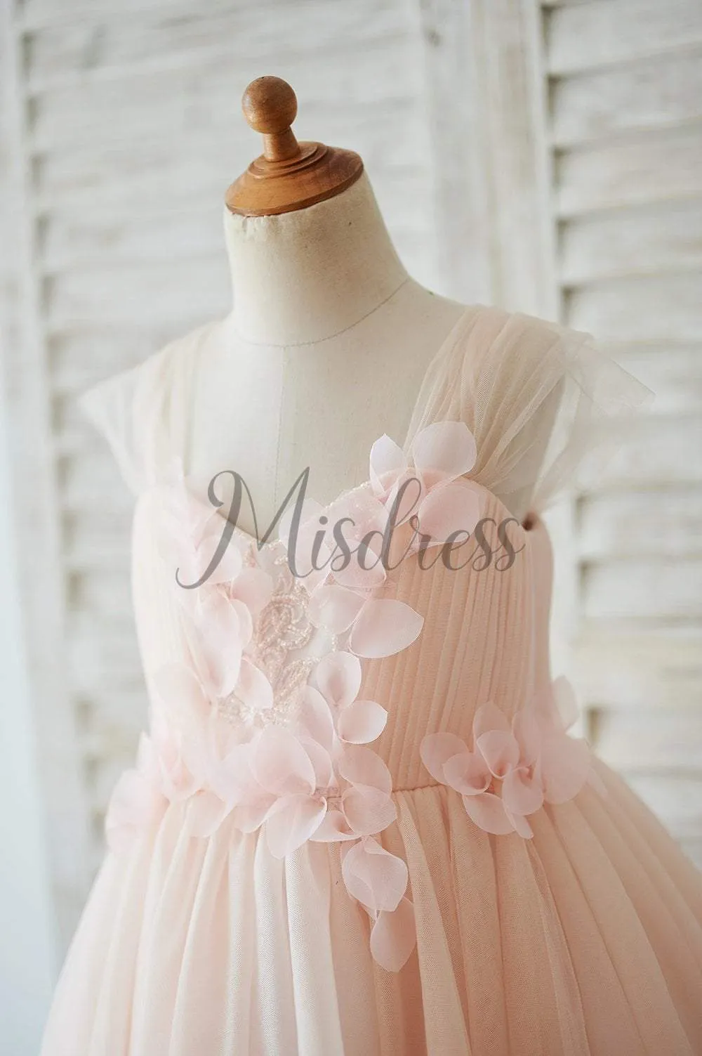 Princess Straps Blush Pink Lace Tulle Wedding Flower Girl Dress, Beading