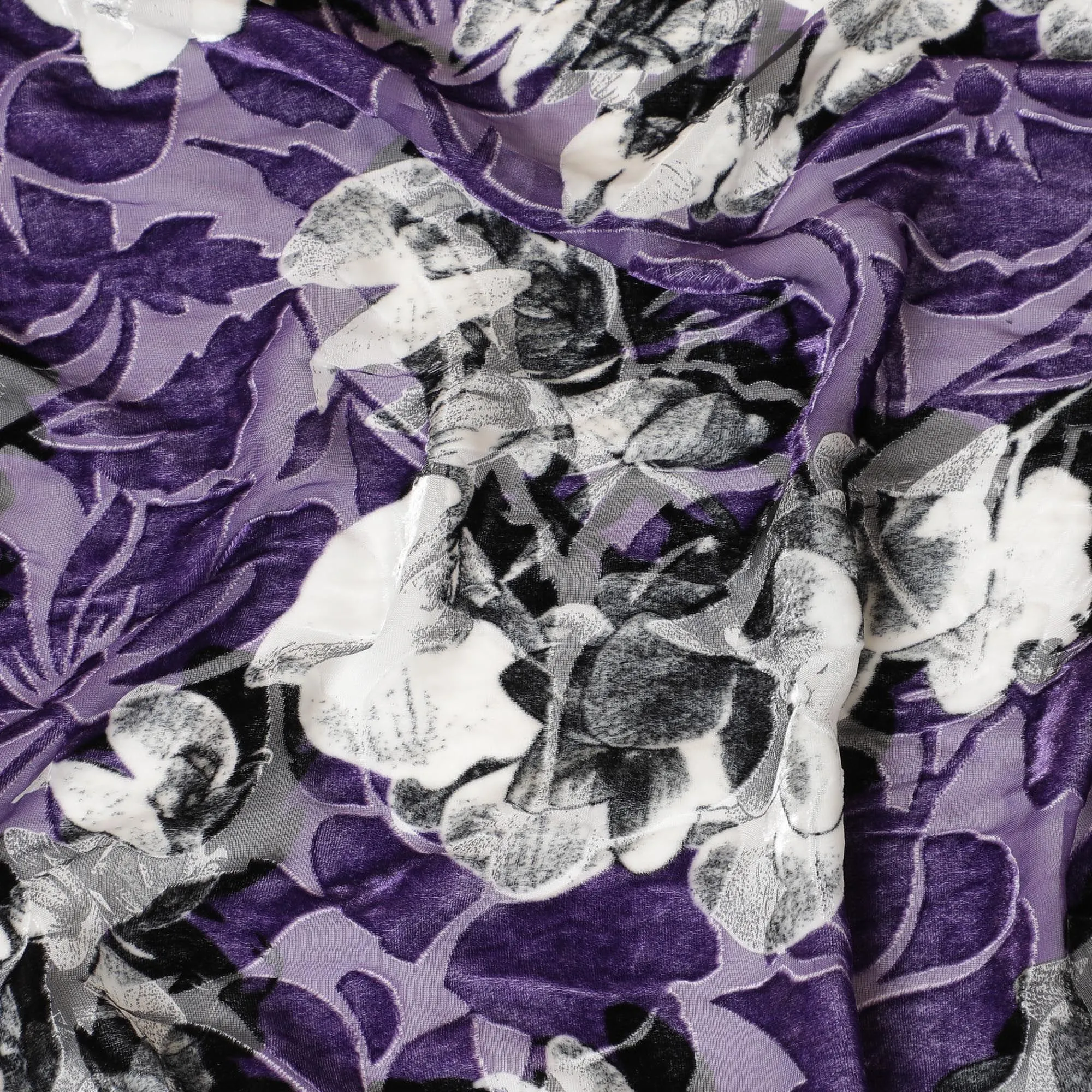 Purple Premium Italian silk chiffon dirac (makmal) fabric with black and white print having same tone velvet jacquard in floral design-D8686