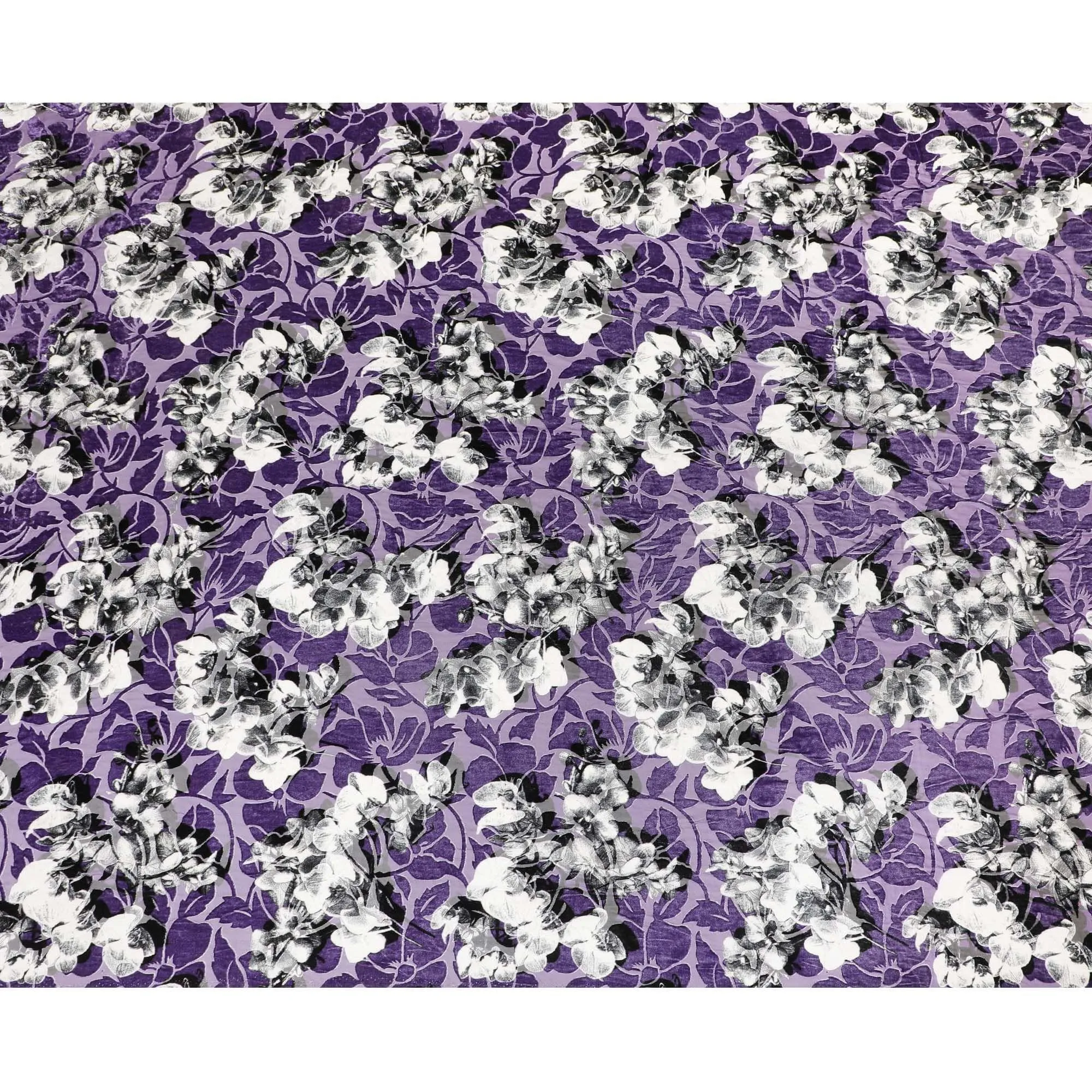 Purple Premium Italian silk chiffon dirac (makmal) fabric with black and white print having same tone velvet jacquard in floral design-D8686