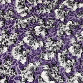 Purple Premium Italian silk chiffon dirac (makmal) fabric with black and white print having same tone velvet jacquard in floral design-D8686