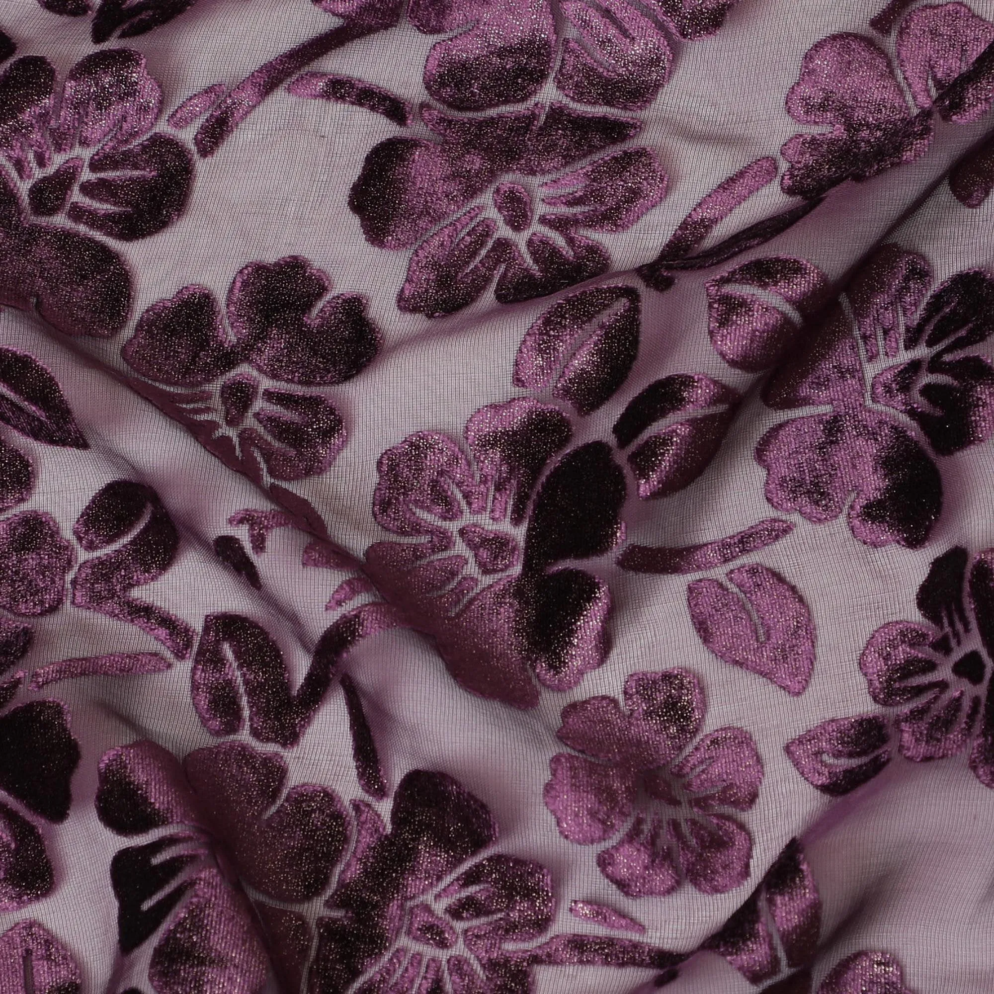 Purple silk chiffon dirac (makmal) fabric with same tone and gold velvet jacquard in floral design-D8653