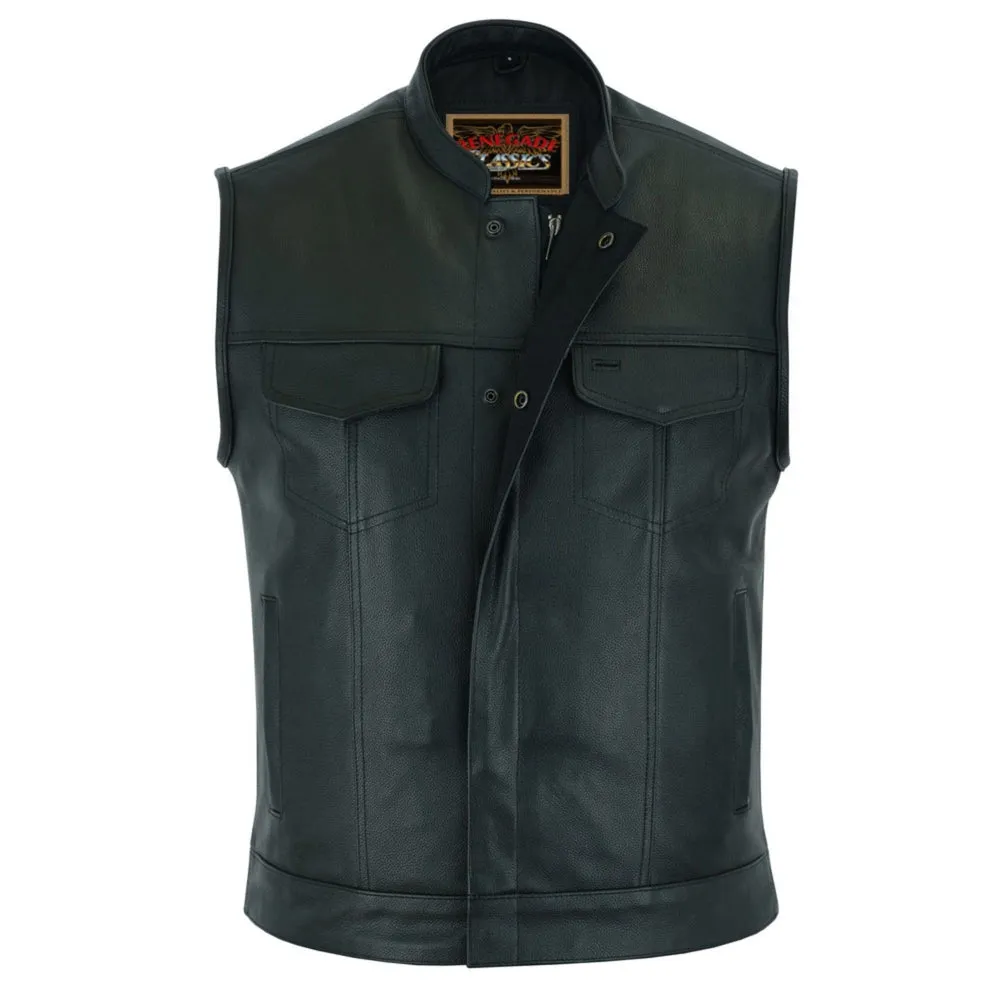 RC189A Concealed Snap Closure Men's Black Leather Vest