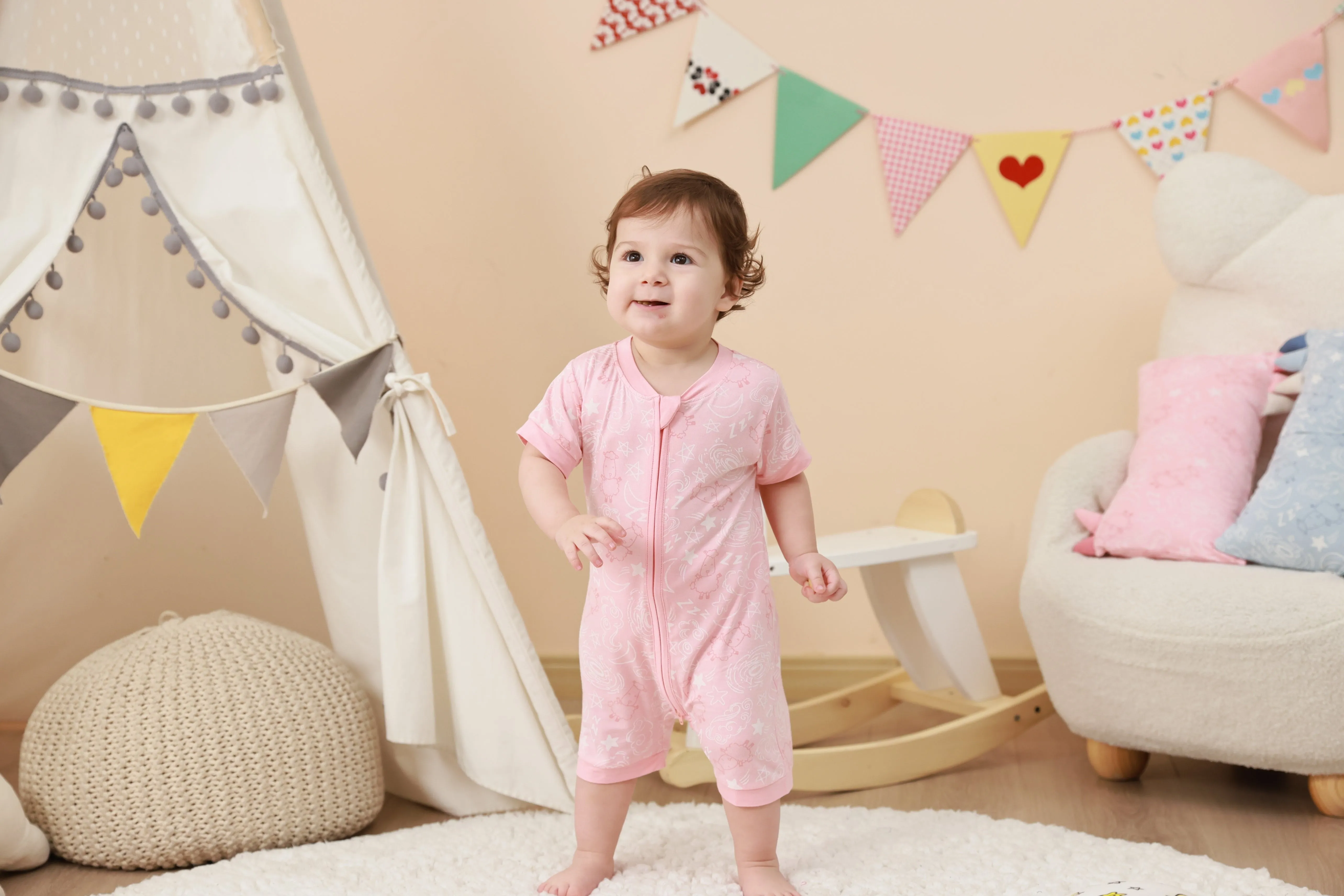 Romper Short Sleeve Zip Baa Baa in the Universe Pink