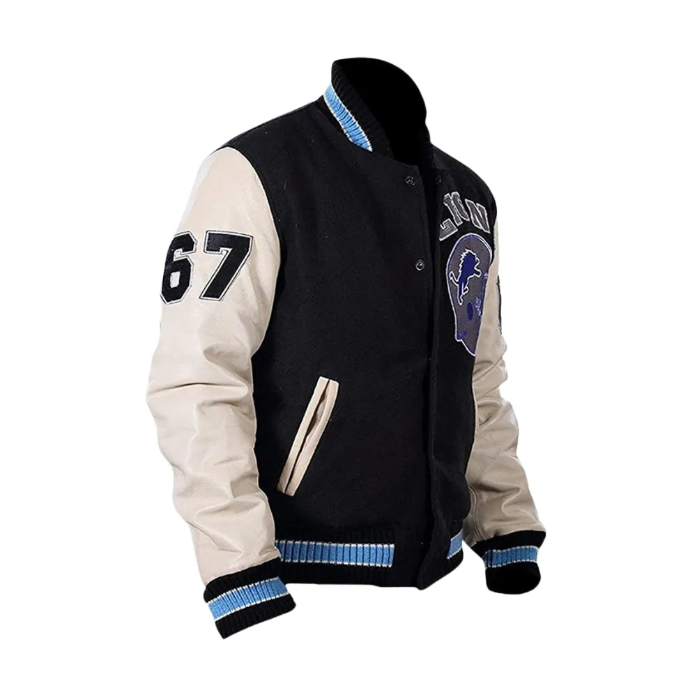 RW Authentic SheepSkin Beverly Hills Cop Axel Foley Detroit Lions Letterman Biker Jacket