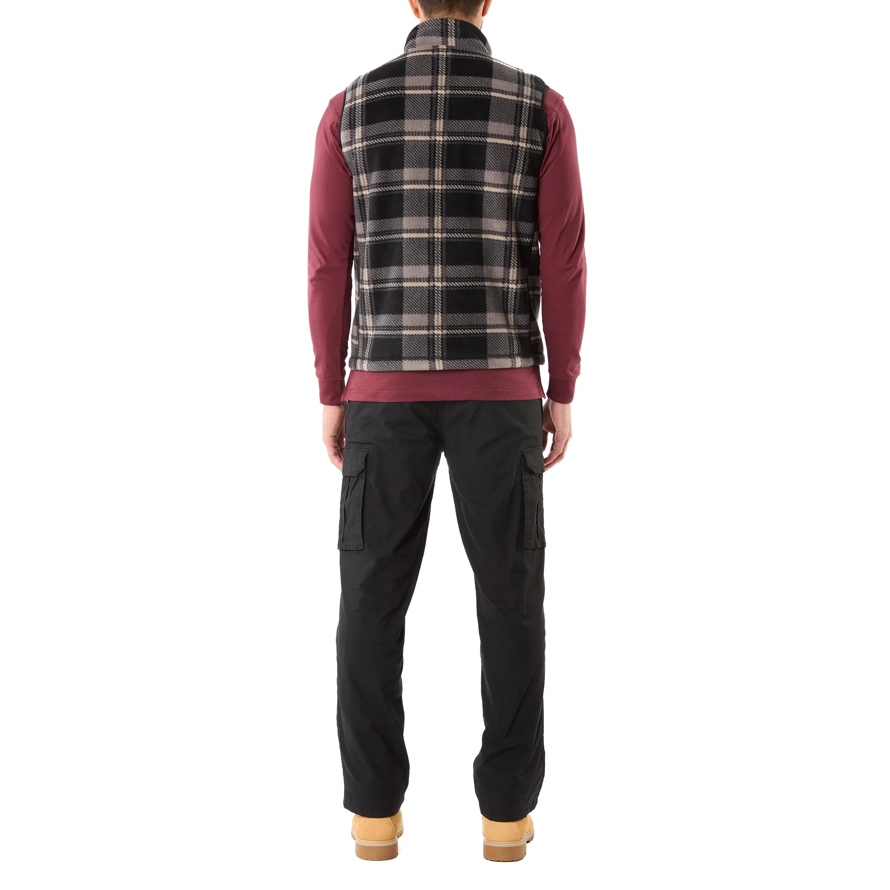 SHERPA-LINED PLAID MICRO POLARFLEECE VEST WITH ZIP POCKETS