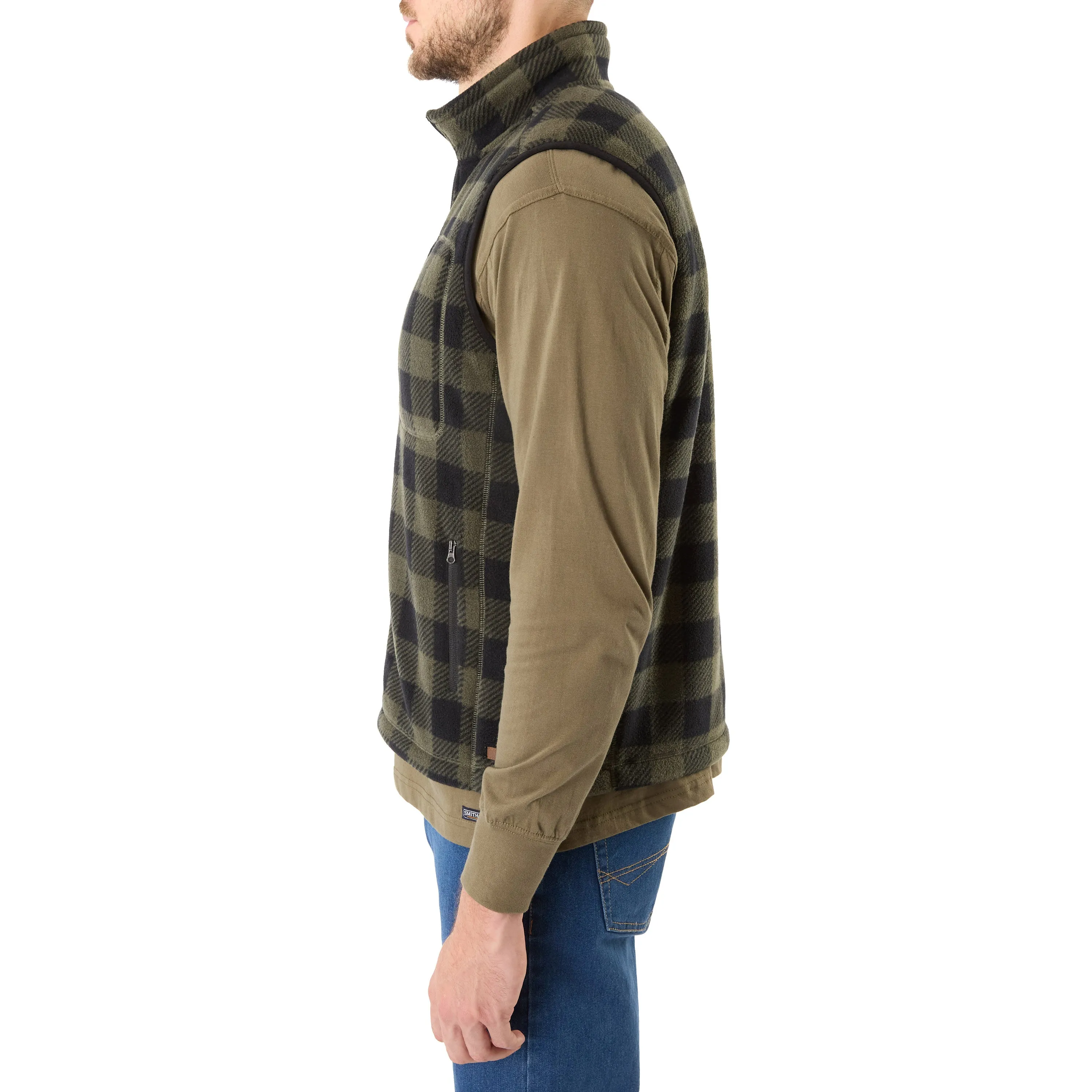 SHERPA-LINED PLAID MICRO POLARFLEECE VEST WITH ZIP POCKETS