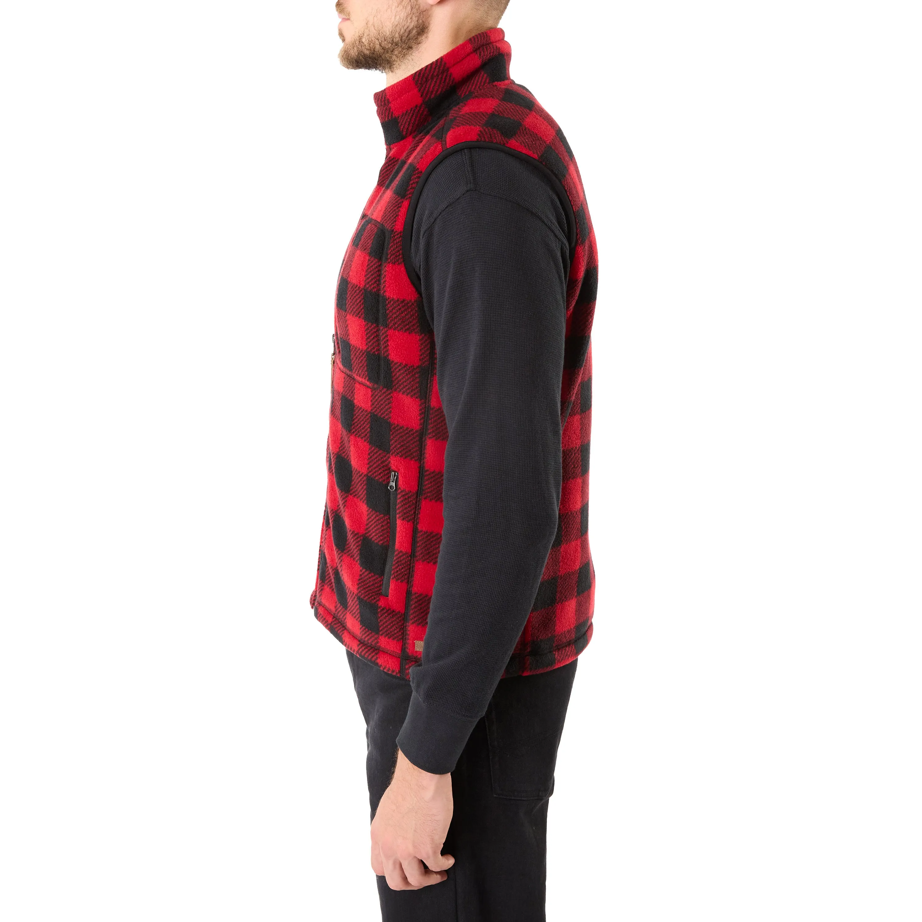 SHERPA-LINED PLAID MICRO POLARFLEECE VEST WITH ZIP POCKETS