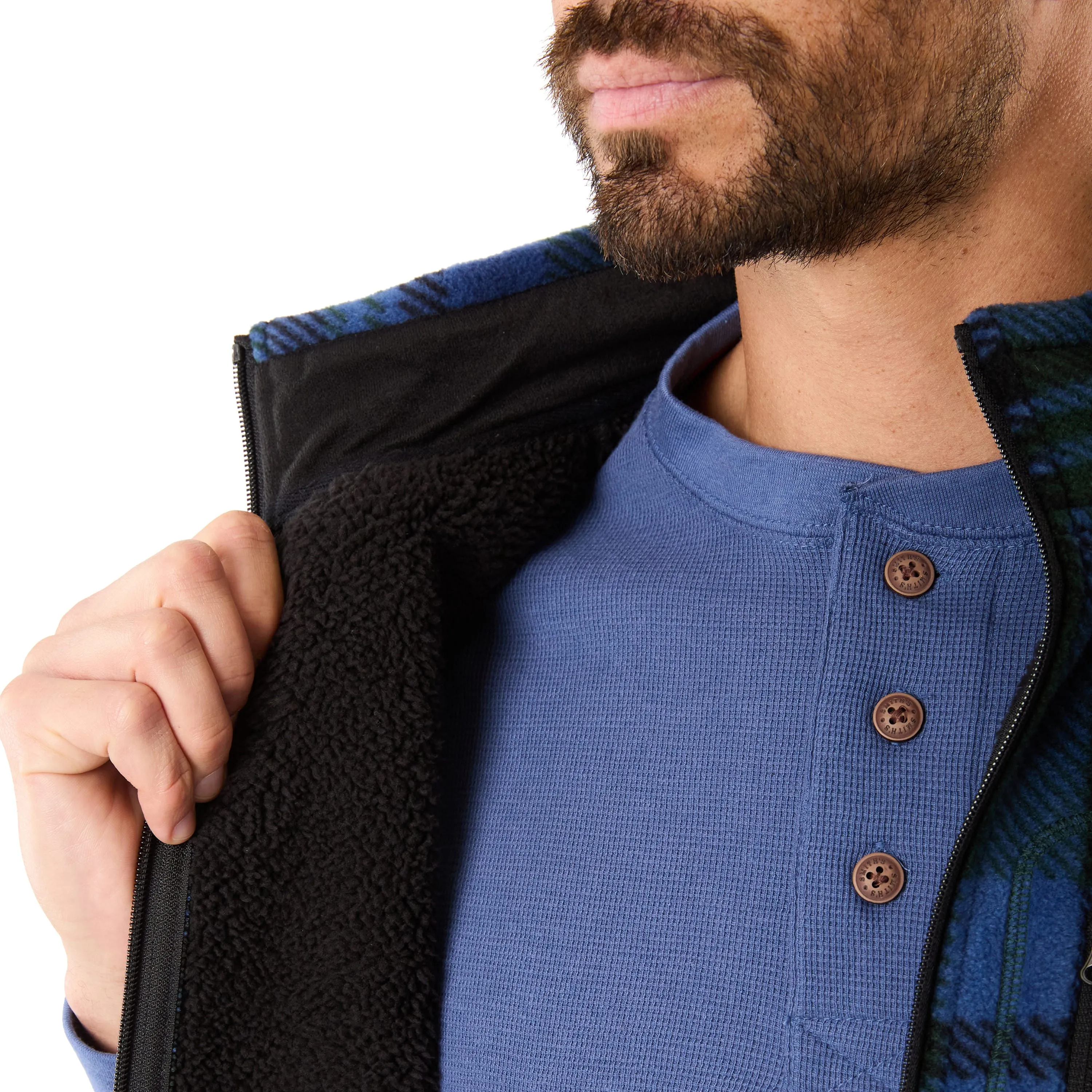 SHERPA-LINED PLAID MICRO POLARFLEECE VEST WITH ZIP POCKETS