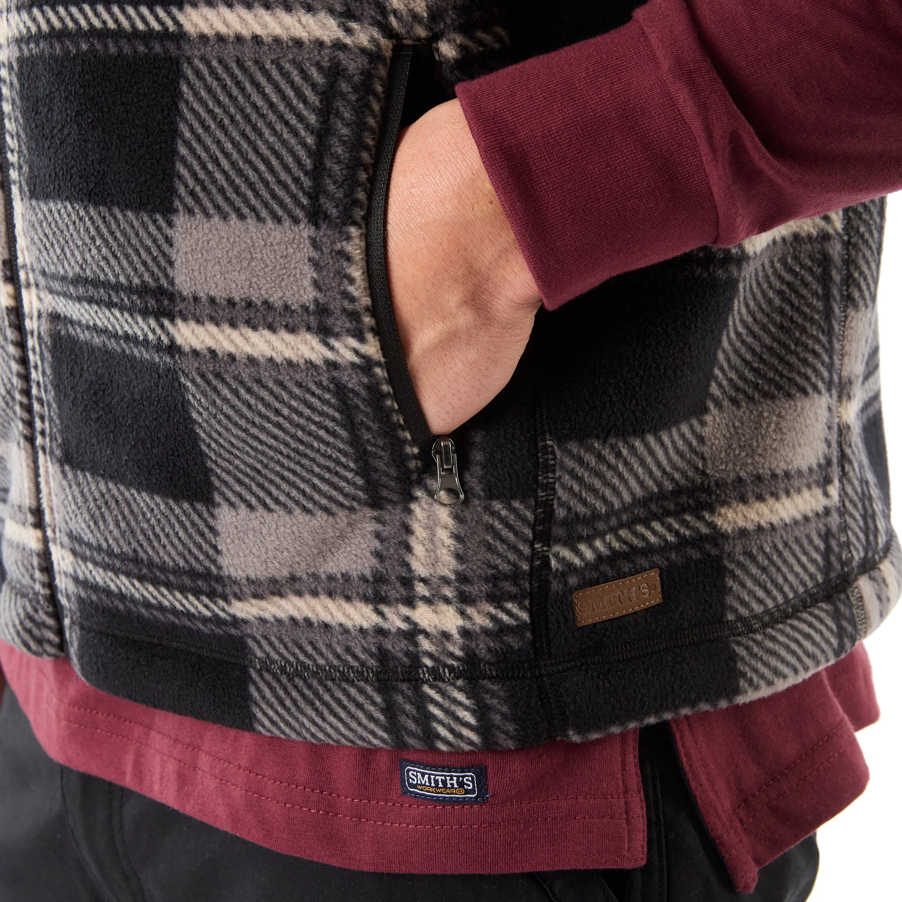 SHERPA-LINED PLAID MICRO POLARFLEECE VEST WITH ZIP POCKETS