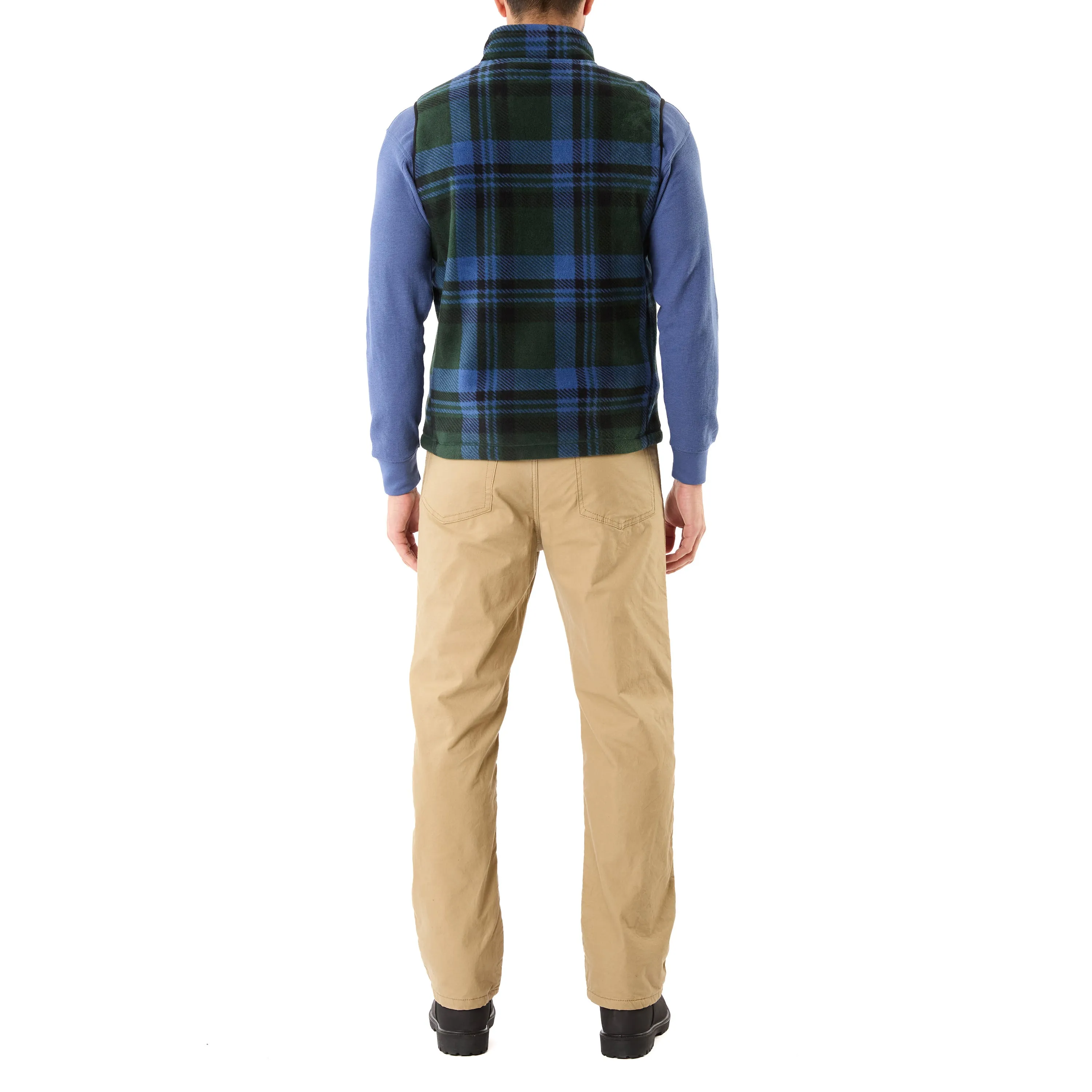 SHERPA-LINED PLAID MICRO POLARFLEECE VEST WITH ZIP POCKETS