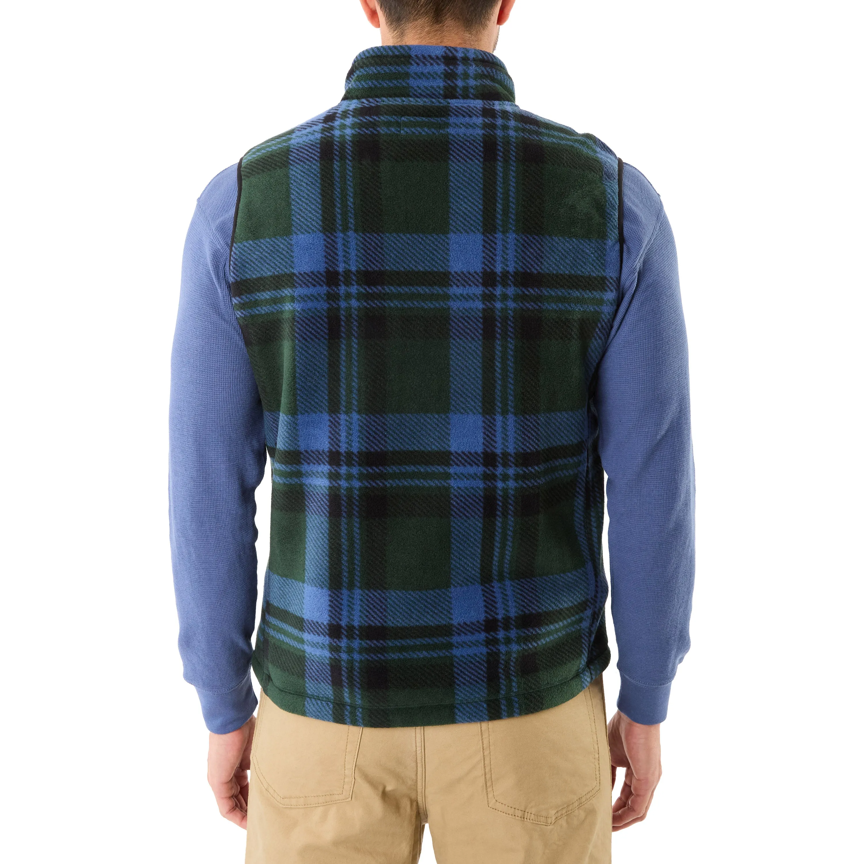 SHERPA-LINED PLAID MICRO POLARFLEECE VEST WITH ZIP POCKETS