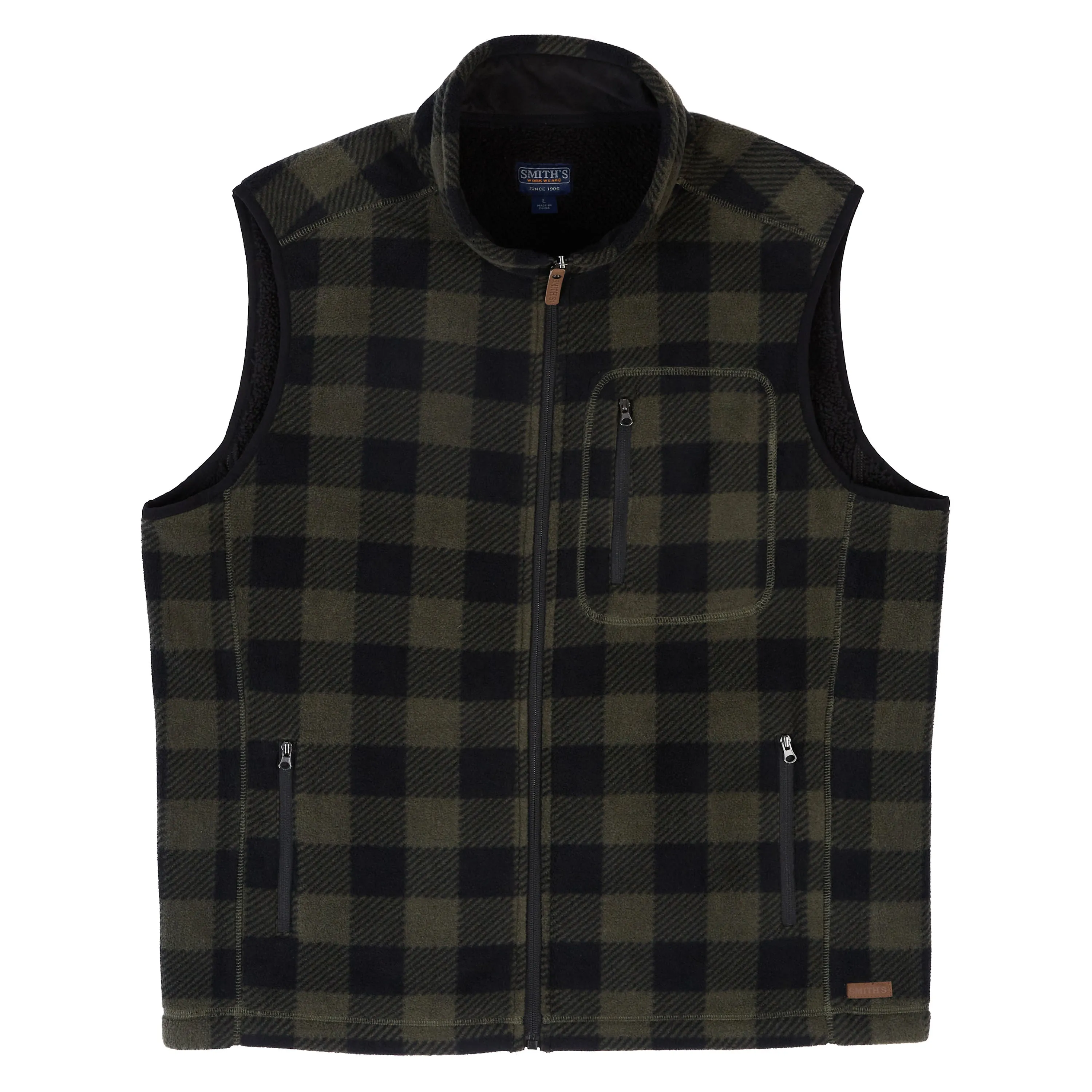 SHERPA-LINED PLAID MICRO POLARFLEECE VEST WITH ZIP POCKETS