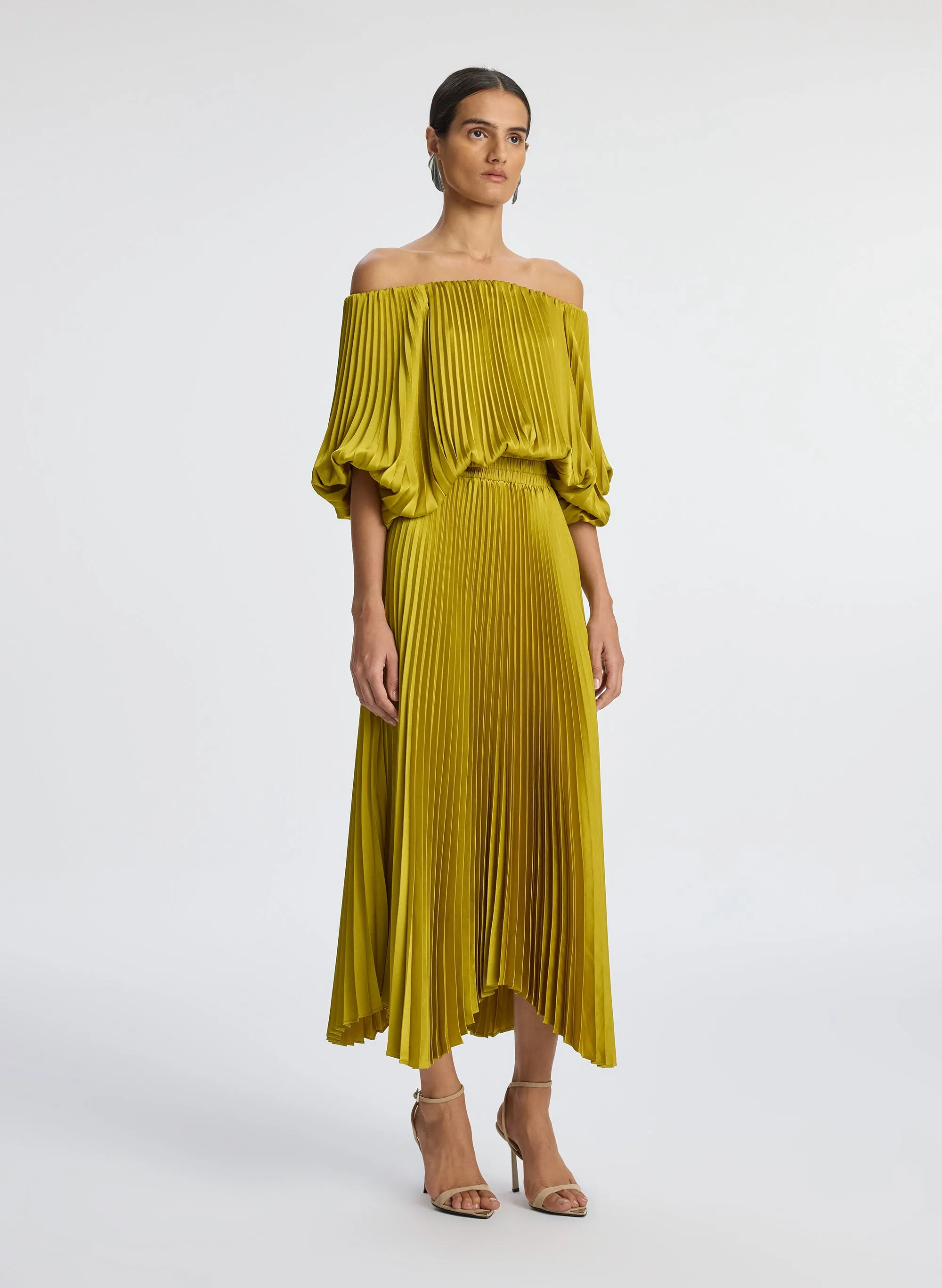 Sienna Satin Pleated Off Shoulder Dress