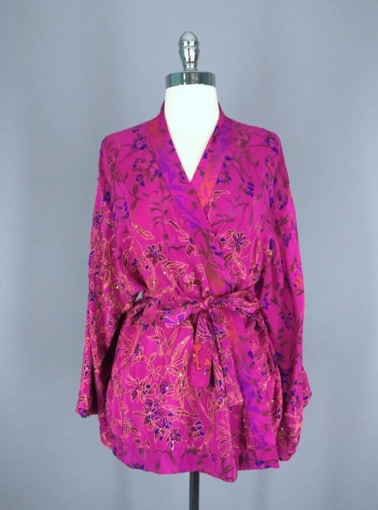 Silk Kimono Jacket / Vintage Indian Sari / Magenta Pink Floral Silk Kimono