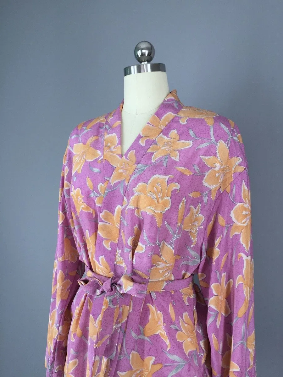 Silk Kimono Jacket / Vintage Indian Sari / Purple Orange Floral Silk Kimono