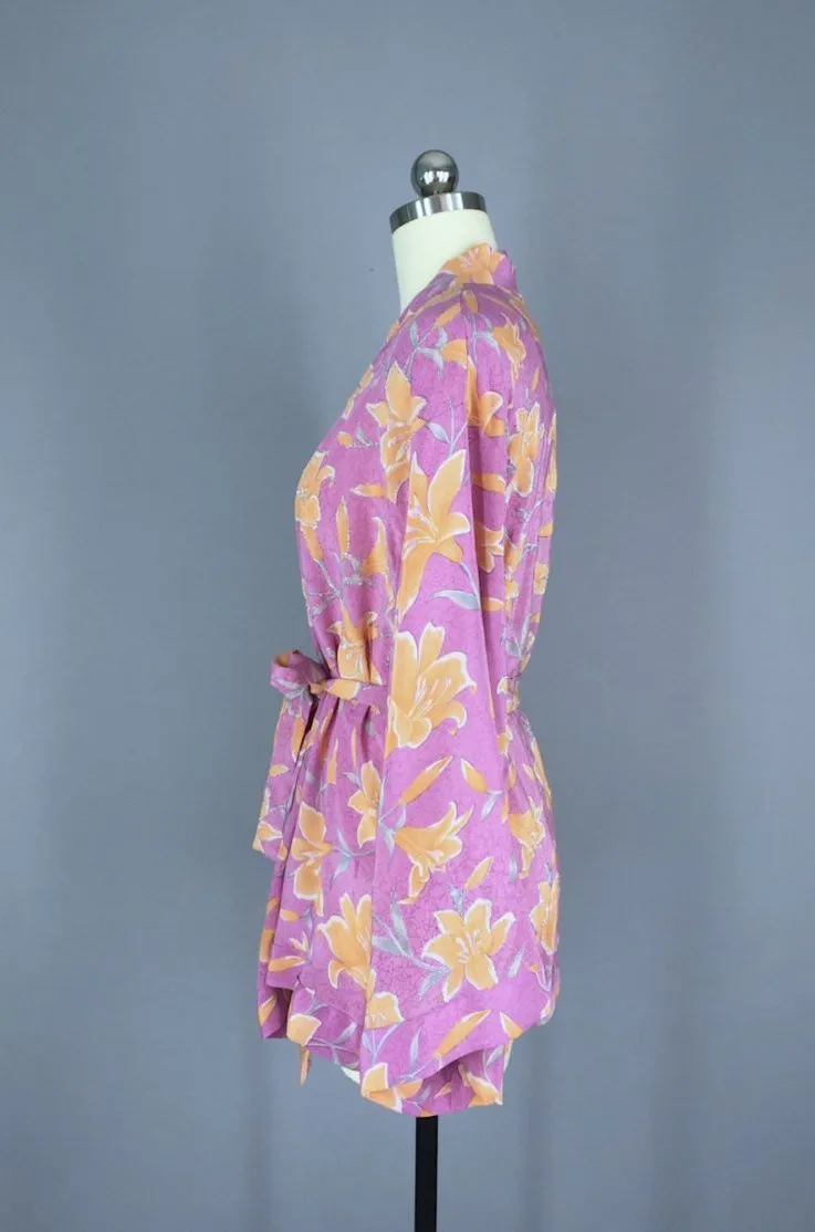 Silk Kimono Jacket / Vintage Indian Sari / Purple Orange Floral Silk Kimono