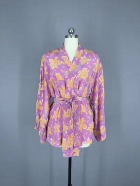 Silk Kimono Jacket / Vintage Indian Sari / Purple Orange Floral Silk Kimono