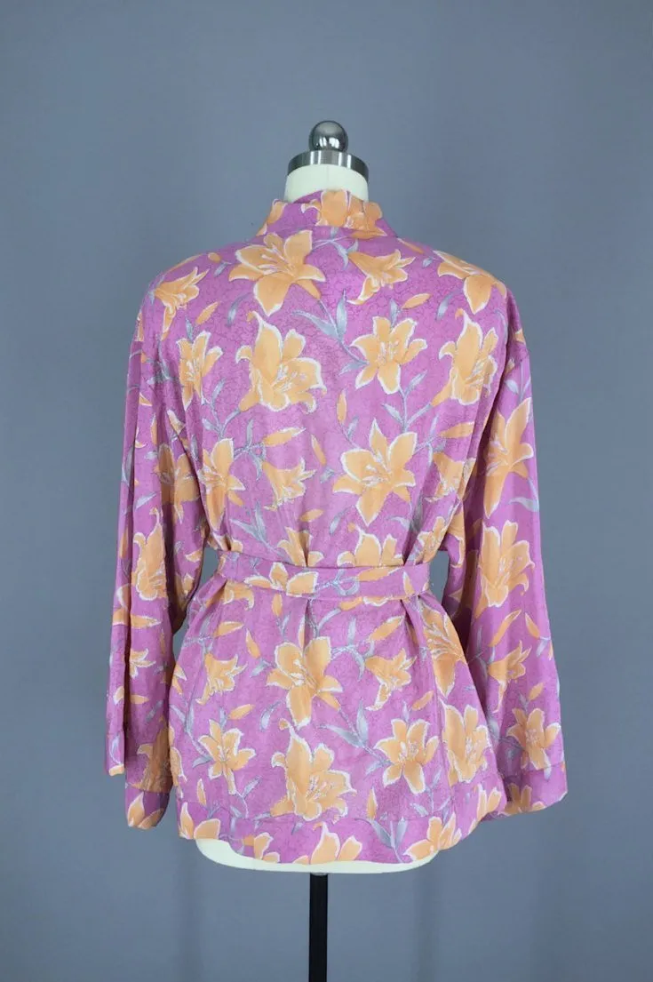 Silk Kimono Jacket / Vintage Indian Sari / Purple Orange Floral Silk Kimono