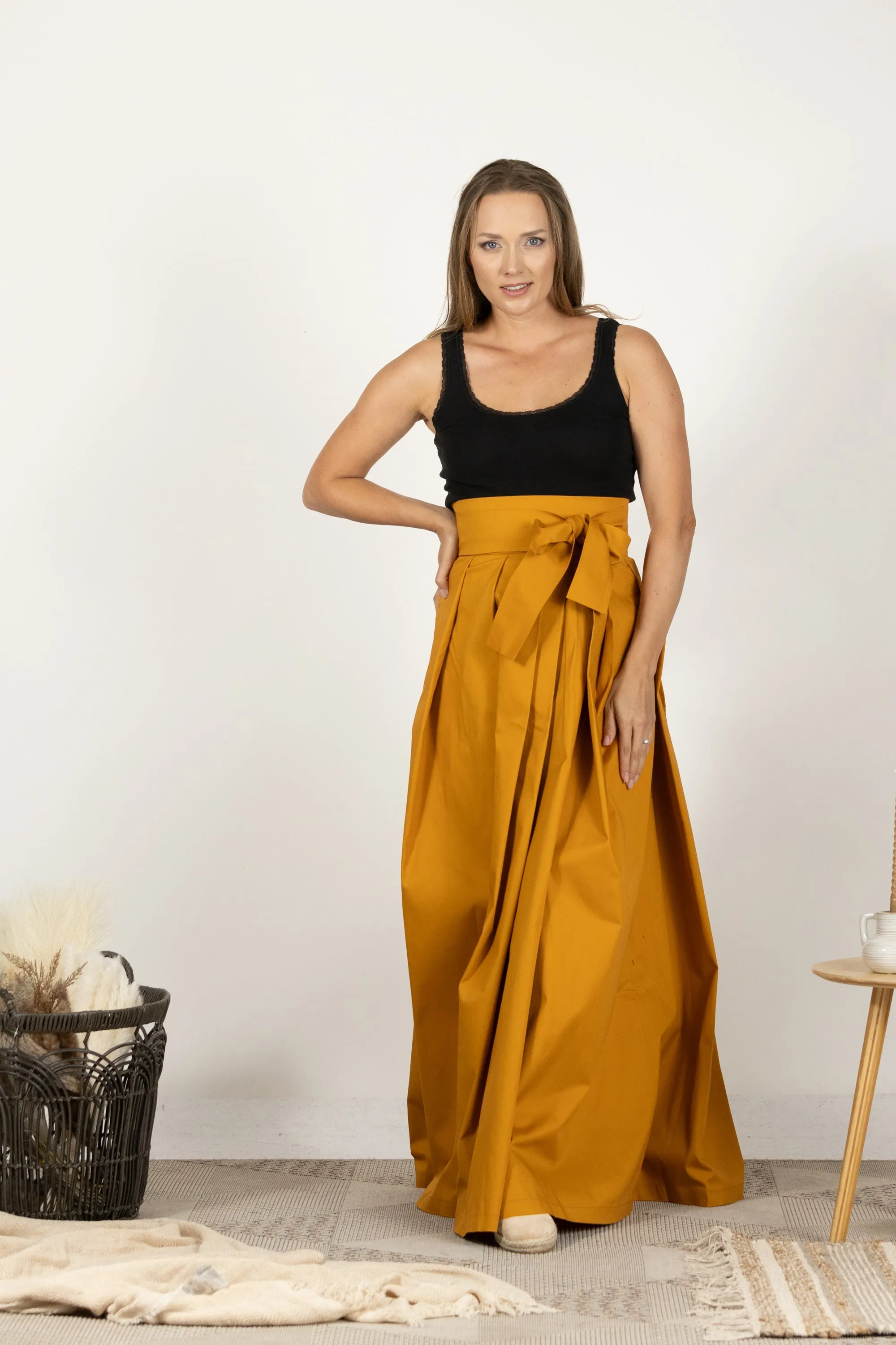 Slate Blue High Waist Pleated Maxi Skirt