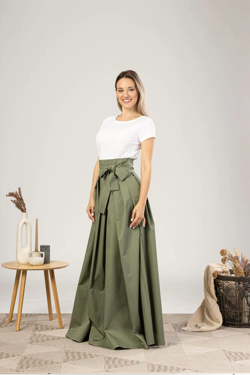 Slate Blue High Waist Pleated Maxi Skirt