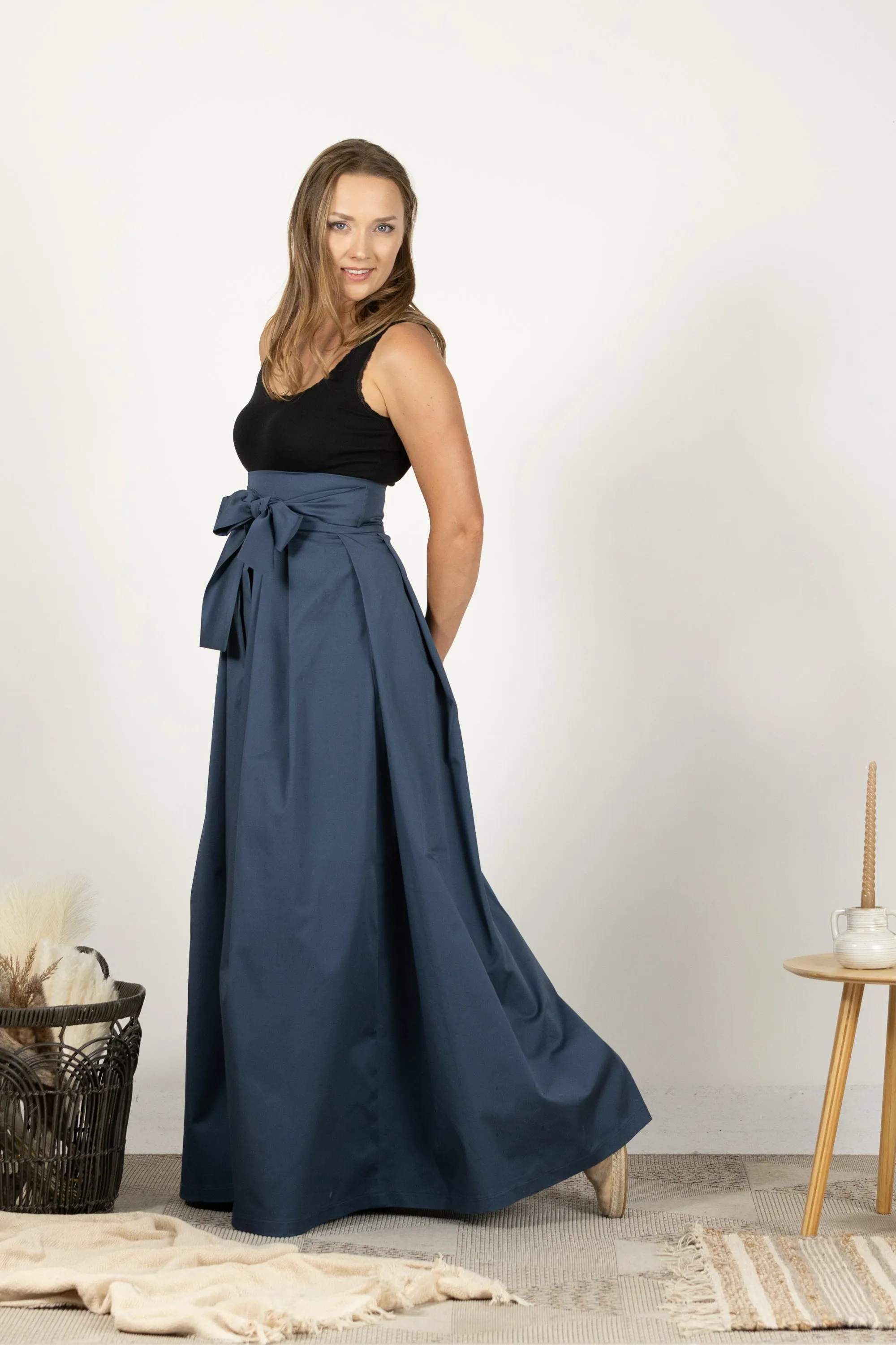 Slate Blue High Waist Pleated Maxi Skirt