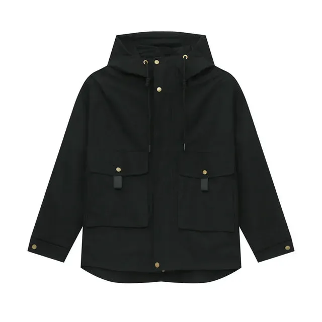 Solid Big Pockets Drawstring Hooded Jacket