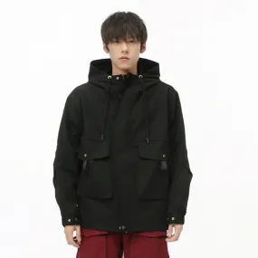 Solid Big Pockets Drawstring Hooded Jacket