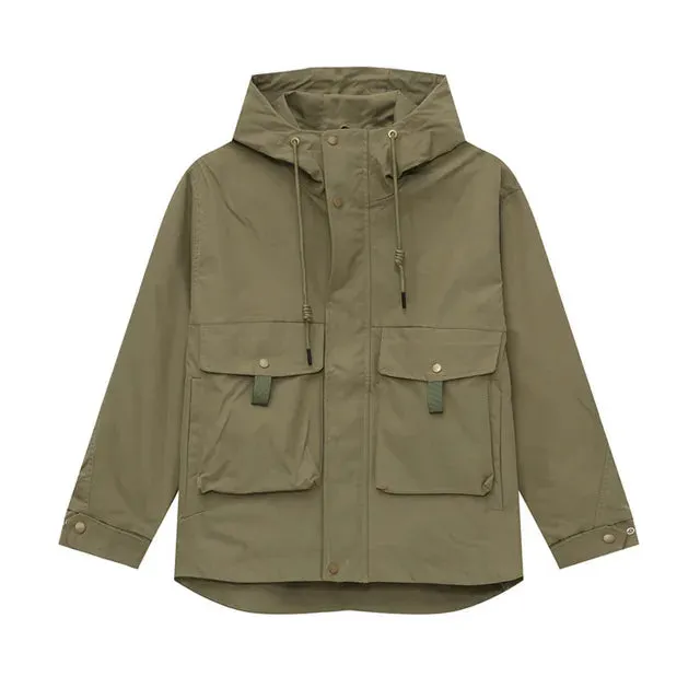 Solid Big Pockets Drawstring Hooded Jacket