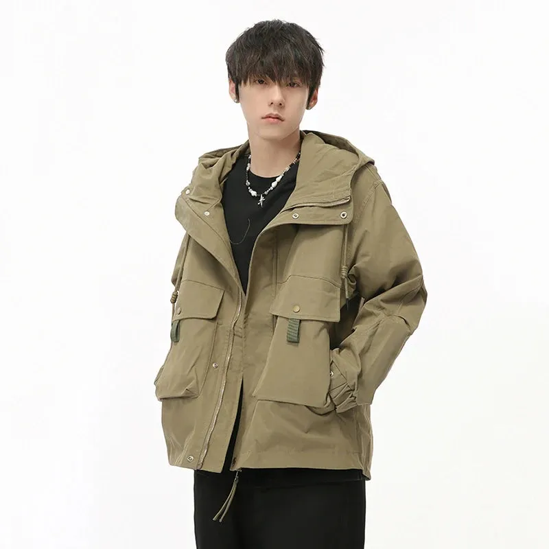 Solid Big Pockets Drawstring Hooded Jacket