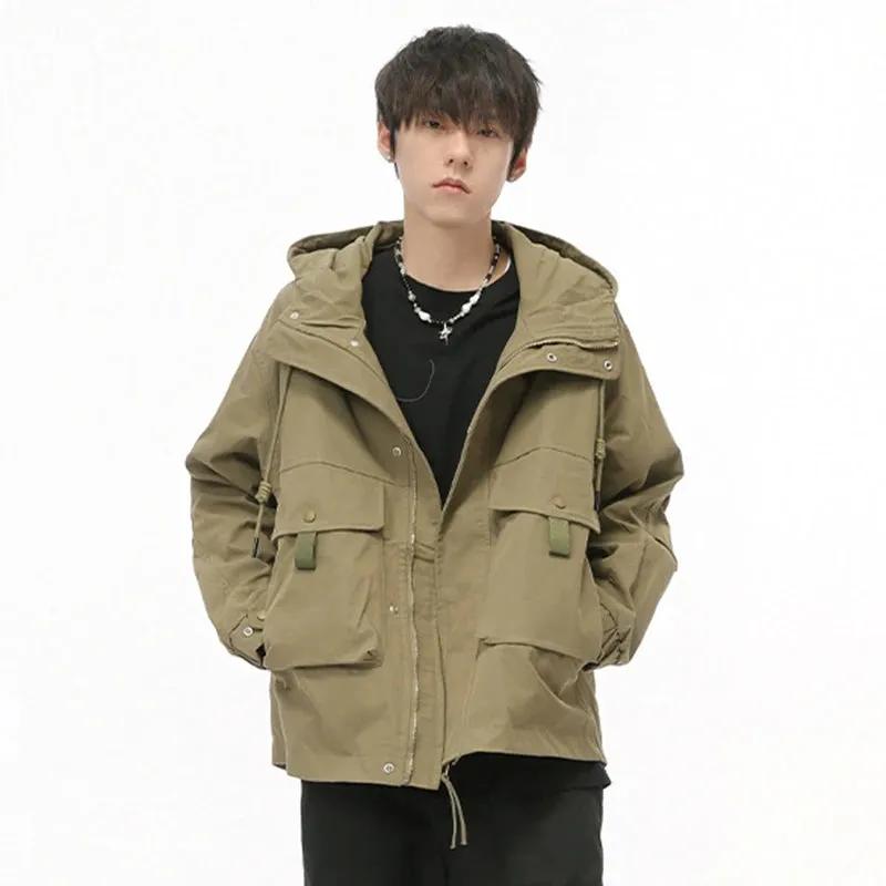 Solid Big Pockets Drawstring Hooded Jacket