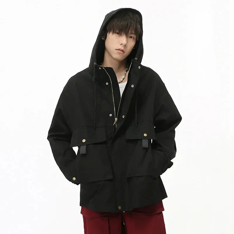 Solid Big Pockets Drawstring Hooded Jacket