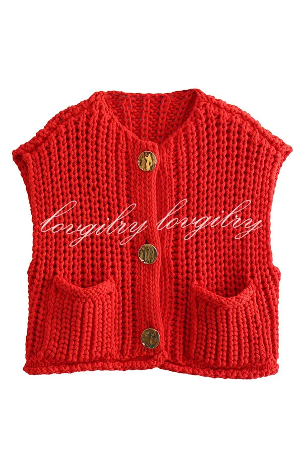 Solid Color Sleeveless Pocket Knitted Vest