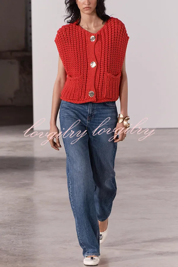 Solid Color Sleeveless Pocket Knitted Vest