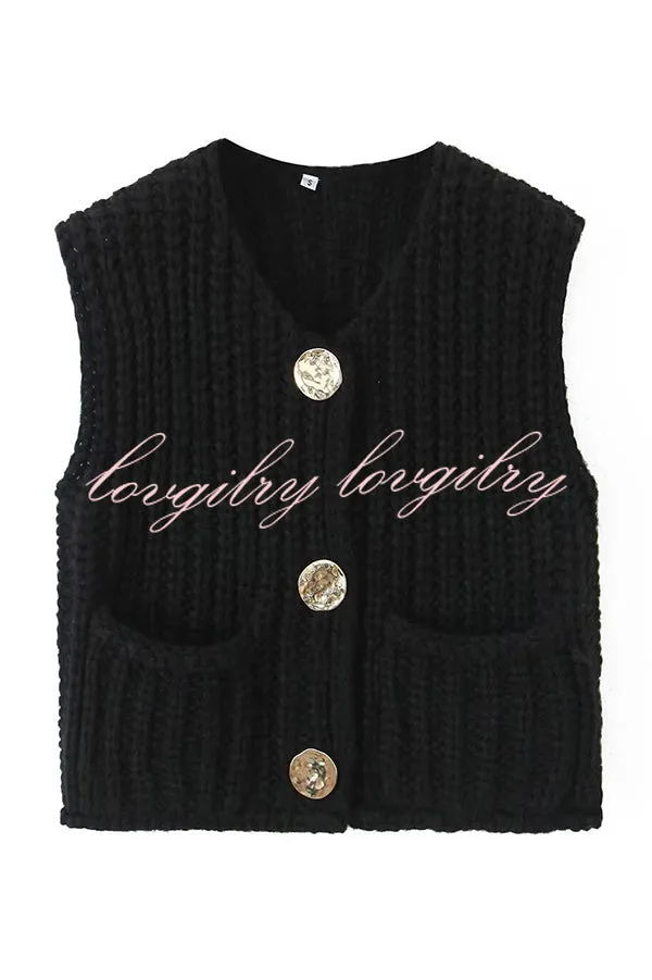 Solid Color Sleeveless Pocket Knitted Vest