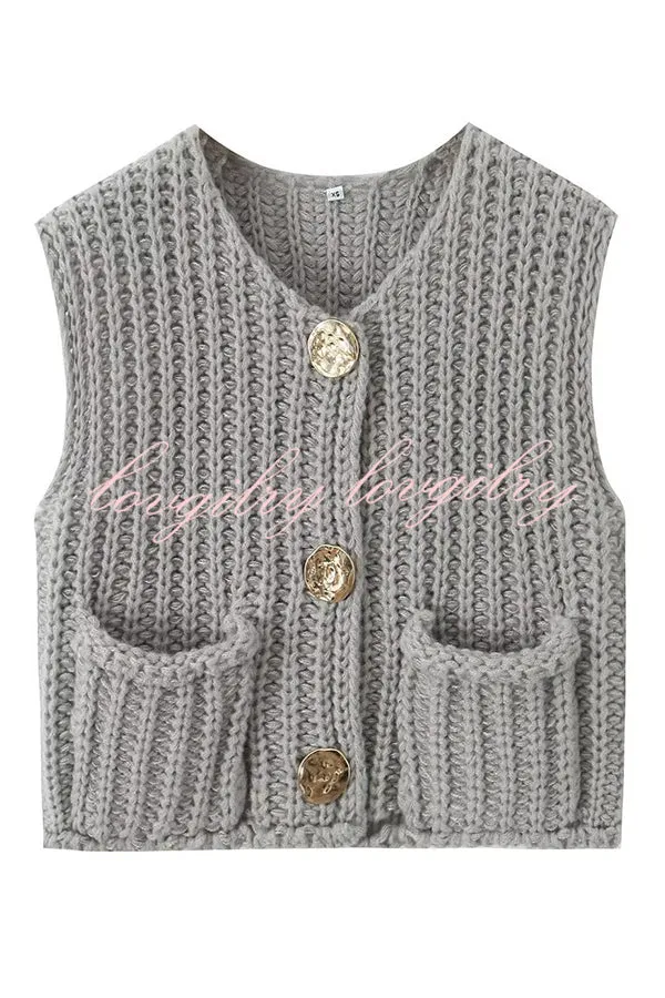 Solid Color Sleeveless Pocket Knitted Vest