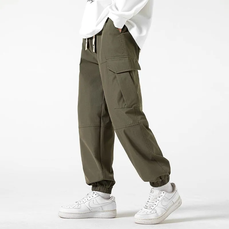 Street Style Elasticity Solid Color Loose Fit Bellows Pocket Tapered Pants