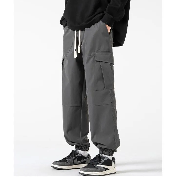 Street Style Elasticity Solid Color Loose Fit Bellows Pocket Tapered Pants