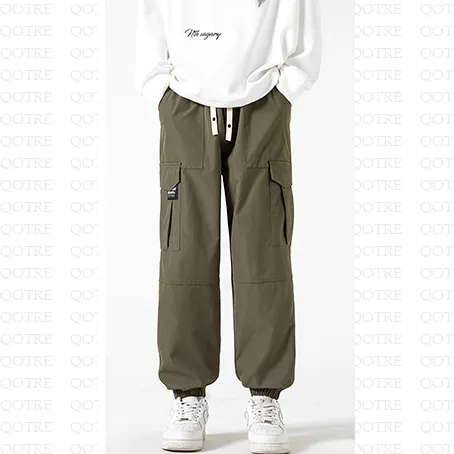 Street Style Elasticity Solid Color Loose Fit Bellows Pocket Tapered Pants