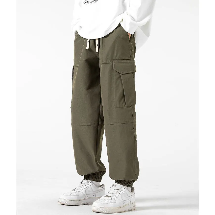 Street Style Elasticity Solid Color Loose Fit Bellows Pocket Tapered Pants