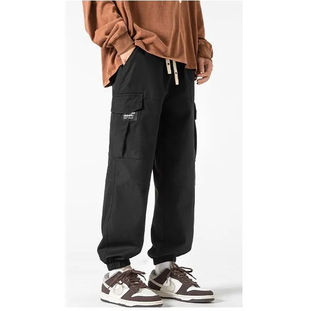 Street Style Elasticity Solid Color Loose Fit Bellows Pocket Tapered Pants