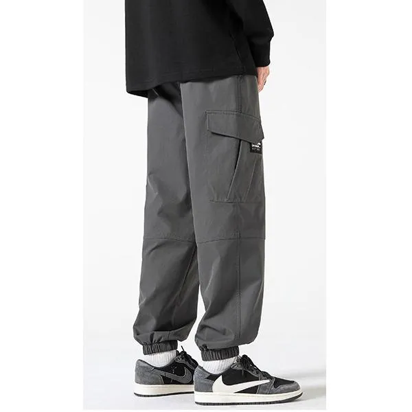 Street Style Elasticity Solid Color Loose Fit Bellows Pocket Tapered Pants