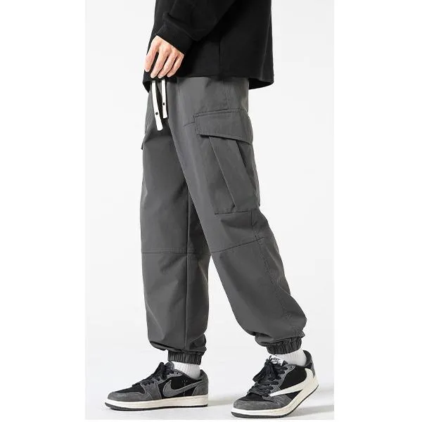 Street Style Elasticity Solid Color Loose Fit Bellows Pocket Tapered Pants