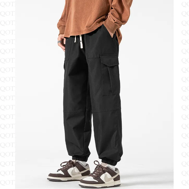 Street Style Elasticity Solid Color Loose Fit Bellows Pocket Tapered Pants