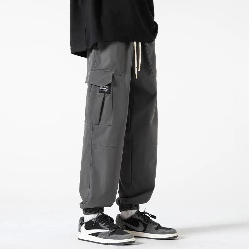 Street Style Elasticity Solid Color Loose Fit Bellows Pocket Tapered Pants