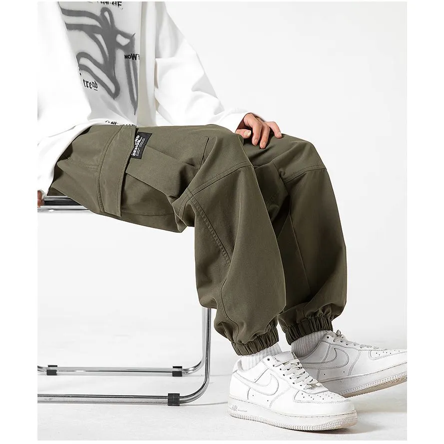 Street Style Elasticity Solid Color Loose Fit Bellows Pocket Tapered Pants